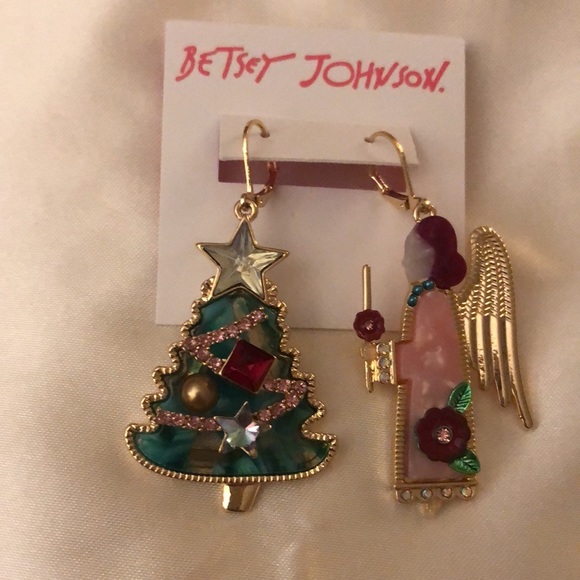 Betsey Johnson Gold Tone Feliz Navidad Angel & Christmas Tree Mismatch Earrings - Picture 2 of 12